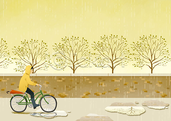자유 활발 남자 남자만 남자한명만 사람 한명 PSD 일러스트 교통수단 나무 물 비(날씨) 세계여행 식물 야외 여행 우비 우산 웅덩이 자전거 주간