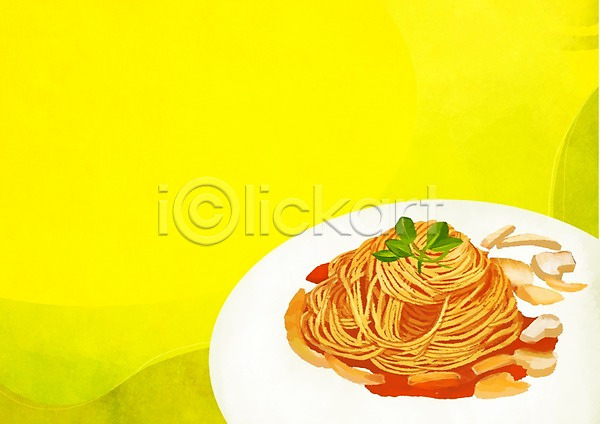 사람없음 PSD 일러스트 노란색 백그라운드 스파게티 요리 음식 접시 컬러 파스타