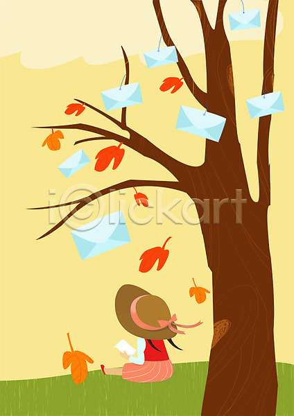 사람 여자 여자만 여자한명만 한명 PSD 뒷모습 일러스트 가을(계절) 계절 나무 낙엽 모자(잡화) 봉투 식물 앉기 야외 주간 편지