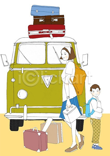 이동 남자 두명 사람 성인 어린이 여자 PSD 일러스트 가방 모자(엄마와아들) 아들 야외 엄마 여행 캠핑 캠핑카