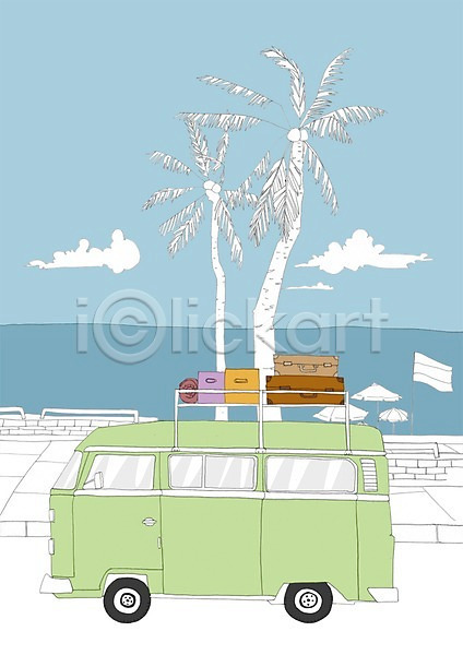이동 사람없음 PSD 일러스트 가방 구름(자연) 나무 바다 야외 야자수 여행 자동차 주간 캠핑 캠핑카 풍경(경치)