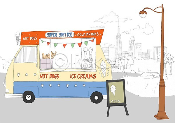 이동 사람없음 PSD 일러스트 가로등 공원 도시 빌딩 아이스크림 야외 음식 자동차 주간 트럭 판매 핫도그