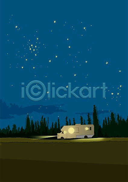 이동 사람없음 PSD 일러스트 광선 밤하늘 야간 야외 여행 운전 자동차 캠핑 캠핑카 풍경(경치)