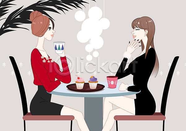섹시 여유 티타임 두명 사람 성인 성인만 성인여자만 여자 여자만 PSD 일러스트 백그라운드 수다 우먼라이프 음료 의자 커피 컵 컵케이크 탁자