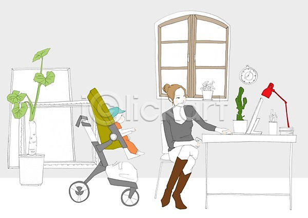 남자 사람 성인 아기 여자 PSD 일러스트 노트북 라이프스타일 모자(엄마와아들) 스탠드 식물 실내 업무 우먼라이프 워킹맘 유모차 의자 창문 책상 화분