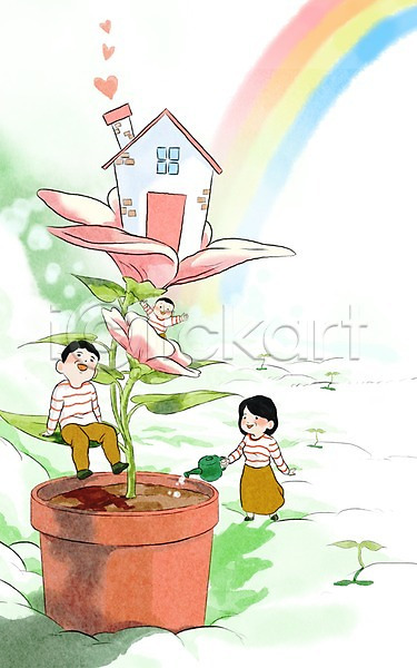 희망 남자 사람 성인 어린이 여자 PSD 일러스트 가족 꽃 무지개 물뿌리개 백그라운드 새싹 수채화(물감) 식물 야외 주간 주택 화분