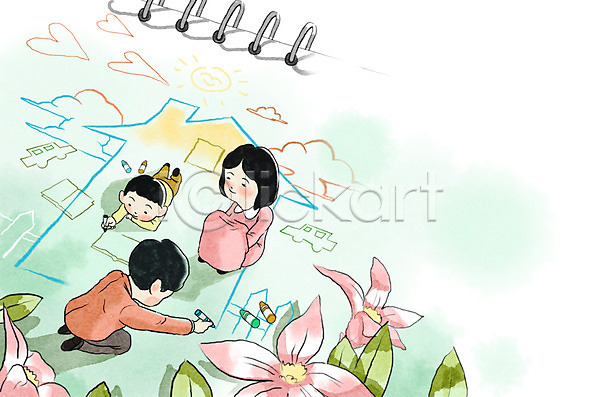 희망 남자 사람 성인 세명 어린이 여자 PSD 일러스트 가족 꽃 놀이 백그라운드 색칠공부 수채화(물감) 스케치북 식물 야외 주간 크레파스