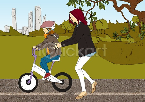 함께함 화목 두명 사람 여자 여자만 PSD 일러스트 가족 공원 나무 놀이 딸 모녀 식물 아트툰 야외 엄마 자전거 주간 헬멧