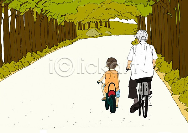 산책 함께함 화목 남자 남자만 노년 두명 사람 어린이 PSD 뒷모습 일러스트 가로수 가족 공원 길 나무 손자 식물 아트툰 자전거 할아버지