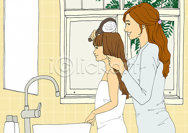 함께함 화목 두명 사람 성인 어린이 여자 PSD 일러스트 거울 딸 머리빗 세면대 실내 아트툰 엄마 욕실 창문