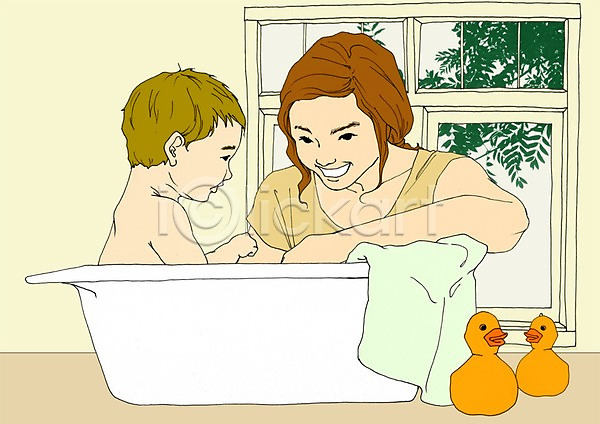 함께함 화목 남자 두명 사람 성인 아기 여자 PSD 일러스트 가족 모자(엄마와아들) 목욕 수건 실내 아들 아트툰 엄마 오리 욕조 인형 창문