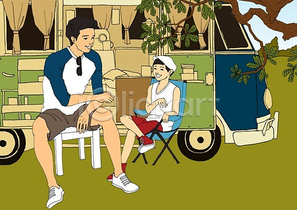 여유 함께함 화목 휴식 남자 남자만 두명 사람 성인 어린이 PSD 일러스트 가족 나무 부자(아빠와아들) 아트툰 야외 의자 주간 캠핑 캠핑카