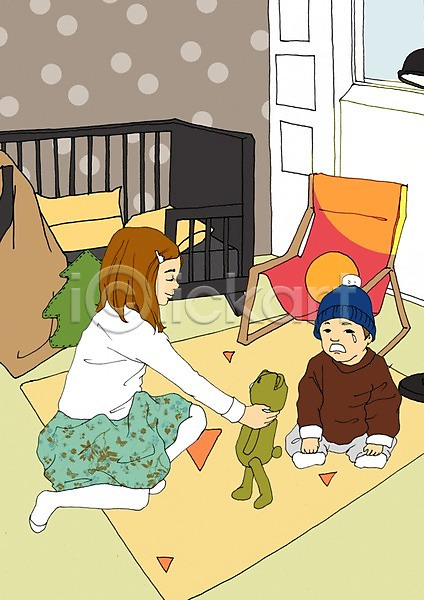 함께함 화목 남자 두명 사람 아기 아기만 여자 PSD 일러스트 가족 곰인형 남매 놀이 방 실내 아트툰 울음 의자 침대 카펫