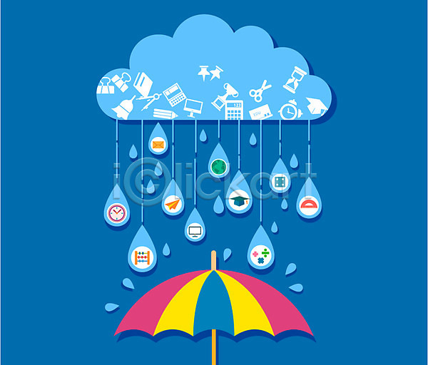 사람없음 AI(파일형식) 일러스트 플랫아이콘 교육 구름(자연) 모니터 비(날씨) 수학기호 시계 우산 종이비행기 주사위 지구 컬러 컬러풀 파란색 편지 플랫 학사모