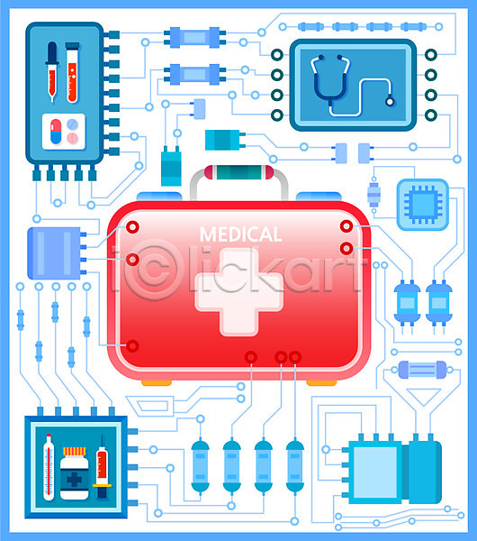 사람없음 AI(파일형식) 일러스트 플랫아이콘 구급상자 빨간색 약병 의료기기 의학 청진기 컬러 플랫 하늘색