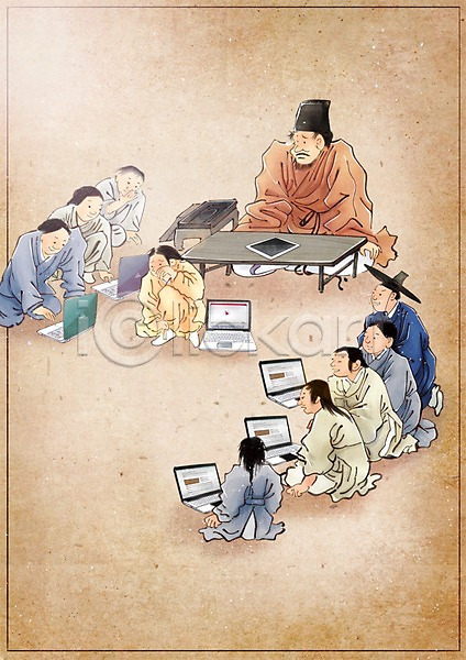과거 변화 남자 남자만 사람 성인 어린이 PSD 일러스트 갓(모자) 교육 그림 노트북 백그라운드 서당 컨셉 탁자 태블릿 풍속화 한국전통 한복 현대문화