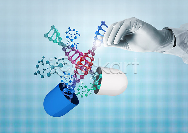 사람 신체부위 한명 3D PSD 편집이미지 과학 그래픽 세포 손 실험 알약 입자 컬러 컬러풀
