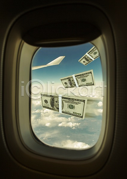 사람없음 3D PSD 편집이미지 구름(자연) 날개(비행) 돈 비행기 지폐 창문 풍경(경치) 하늘