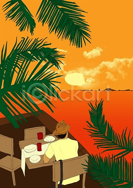 남자 사람 성인 한명 PSD 일러스트 구름(자연) 모자(잡화) 바다 발코니 식물 야외 야자수 의자 일몰 접시 주간 컵 탁자 태양 하늘 휴가