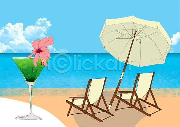 사람없음 PSD 일러스트 구름(자연) 꽃 바다 식물 야외 야외의자 음료 잔 주간 칵테일 파라솔 하늘 휴가