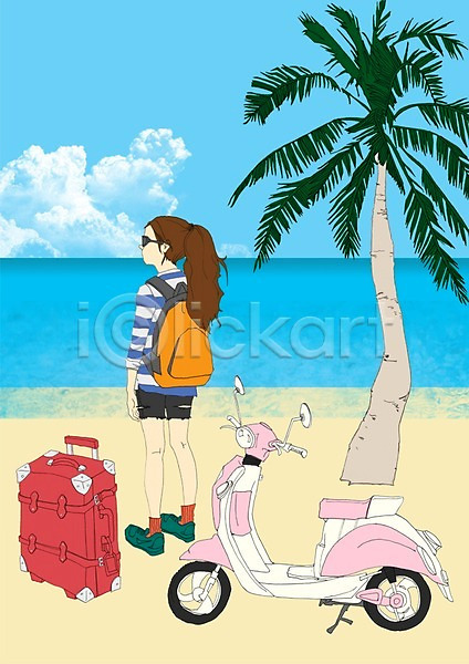 사람 성인 여자 한명 PSD 일러스트 가방 구름(자연) 바다 선글라스 스쿠터 식물 야외 야자수 여행 여행가방 주간 캐리어 하늘 해변 휴가