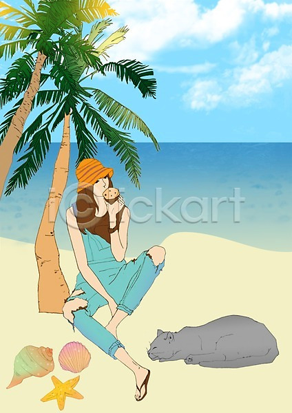 사람 성인 여자 한명 PSD 일러스트 고양이 구름(자연) 동물 모래사장 바다 불가사리 식물 앉기 야외 야자수 여행 전신 조개 주간 하늘 한마리 해수욕장 휴가