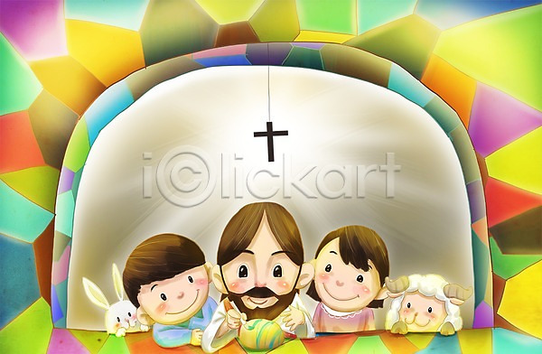 믿음 행복 희망 남자 사람 성인 세명 어린이 여자 PSD 일러스트 계란 교회 기독교 동물 부활절 수염 십자가 양 예수 종교 토끼 하나님