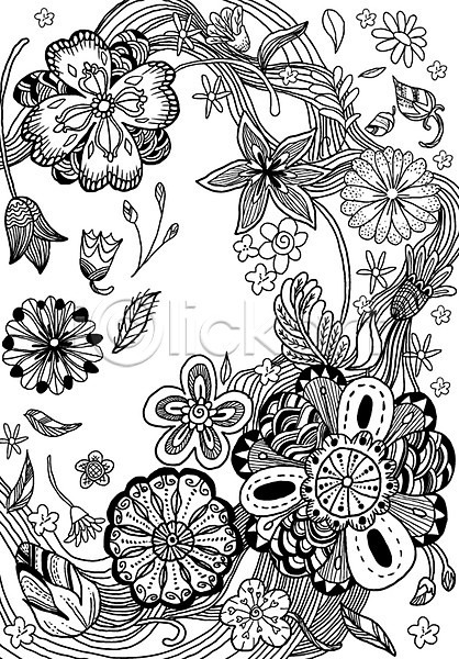 사람없음 AI(파일형식) 일러스트 흑백 꽃 꽃봉오리 나뭇잎 문양 백그라운드 선 식물 젠탱글 컬러 패턴 패턴백그라운드