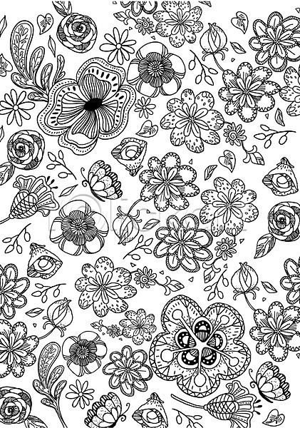 사람없음 AI(파일형식) 일러스트 흑백 곤충 꽃 나뭇잎 나비 동물 문양 백그라운드 식물 젠탱글 컬러 패턴 패턴백그라운드