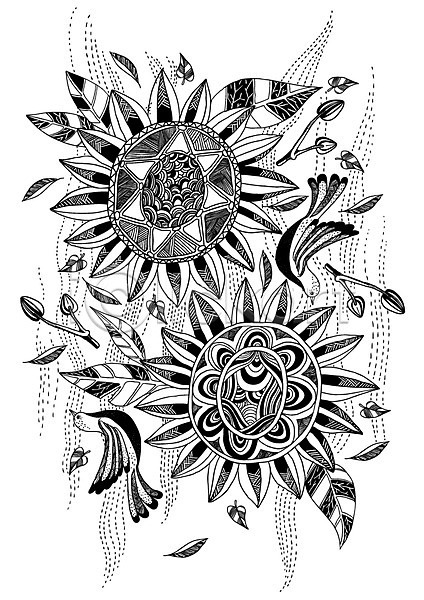 사람없음 AI(파일형식) 일러스트 흑백 꽃 꽃봉오리 나뭇잎 동물 문양 백그라운드 선 식물 점선 젠탱글 조류 컬러 패턴 패턴백그라운드 해바라기