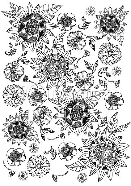 사람없음 AI(파일형식) 일러스트 흑백 꽃 꽃봉오리 문양 백그라운드 식물 잎 젠탱글 컬러 패턴 패턴백그라운드 해바라기