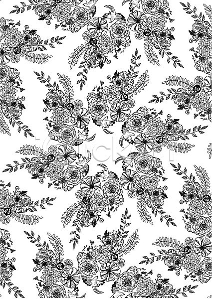사람없음 AI(파일형식) 일러스트 흑백 꽃 나뭇잎 동물 문양 백그라운드 식물 젠탱글 조류 컬러 패턴 패턴백그라운드