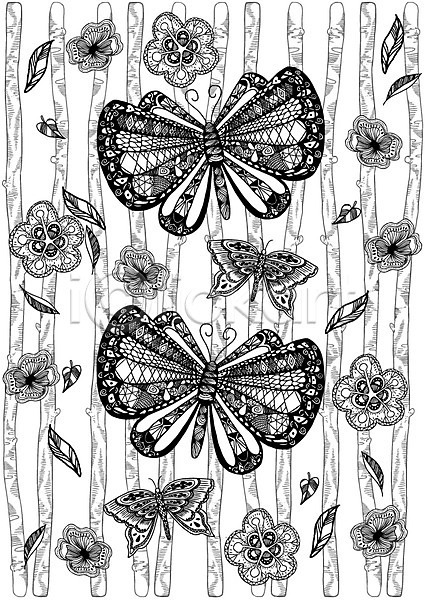 사람없음 AI(파일형식) 일러스트 흑백 곤충 꽃 나뭇잎 나비 동물 문양 백그라운드 선 식물 젠탱글 컬러 패턴 패턴백그라운드