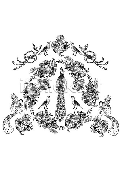 사람없음 AI(파일형식) 일러스트 흑백 공작 꽃 나뭇잎 다람쥐 도토리 동물 들기 문양 백그라운드 식물 젠탱글 조류 컬러 패턴 패턴백그라운드