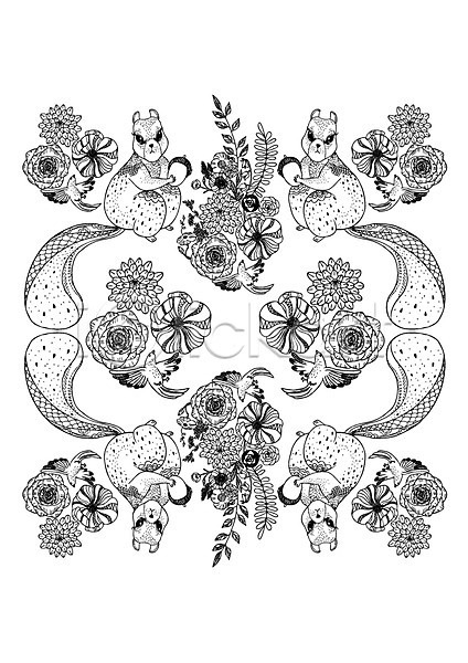 사람없음 AI(파일형식) 일러스트 흑백 꽃 나뭇잎 다람쥐 대칭 도토리 동물 들기 문양 백그라운드 식물 젠탱글 조류 컬러 패턴 패턴백그라운드