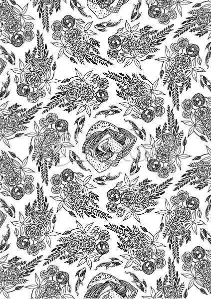사람없음 AI(파일형식) 일러스트 흑백 꽃 나뭇잎 문양 백그라운드 선 식물 어류 젠탱글 컬러 패턴 패턴백그라운드