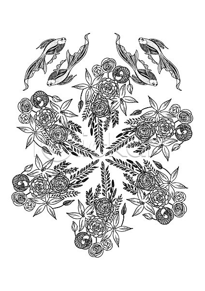 사람없음 AI(파일형식) 일러스트 흑백 꽃 꽃봉오리 나뭇잎 동물 문양 백그라운드 수중동물 식물 어류 젠탱글 컬러 패턴 패턴백그라운드