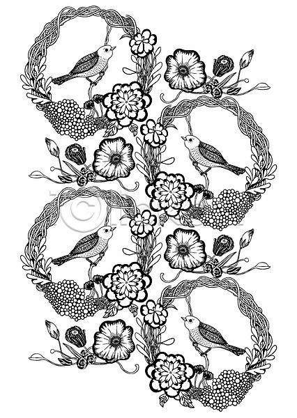 사람없음 AI(파일형식) 일러스트 흑백 꽃 꽃봉오리 동물 문양 백그라운드 선 식물 젠탱글 조류 컬러 패턴 패턴백그라운드