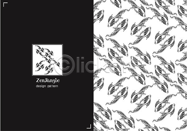 사람없음 AI(파일형식) 일러스트 흑백 금붕어 동물 문양 백그라운드 어류 젠탱글 컬러 패턴 패턴백그라운드