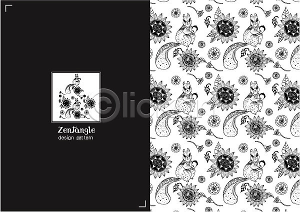 사람없음 AI(파일형식) 일러스트 흑백 꽃 꽃봉오리 다람쥐 도토리 동물 들기 문양 백그라운드 식물 젠탱글 컬러 패턴 패턴백그라운드 해바라기