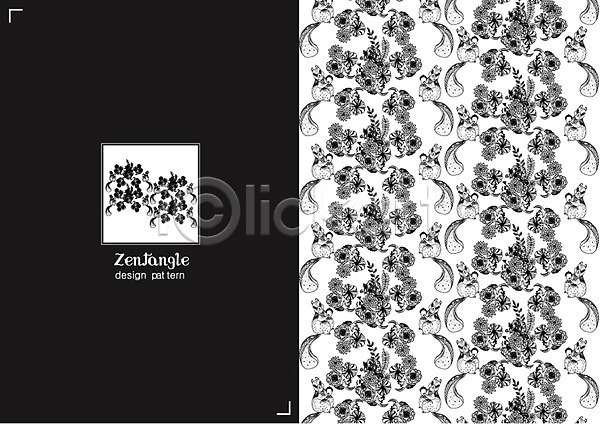 사람없음 AI(파일형식) 일러스트 흑백 꽃 다람쥐 동물 문양 백그라운드 식물 젠탱글 컬러 패턴 패턴백그라운드