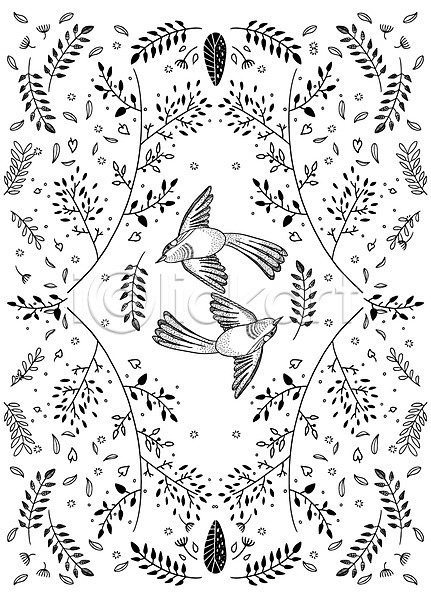 사람없음 AI(파일형식) 일러스트 흑백 나뭇가지 나뭇잎 동물 문양 백그라운드 식물 젠탱글 조류 컬러 패턴 패턴백그라운드