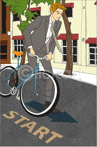 남자 사람 성인 한명 PSD 일러스트 거리 건물 나무 도로 만화 비즈니스 비즈니스맨 아트툰 야외 자전거 정장 주간 출근