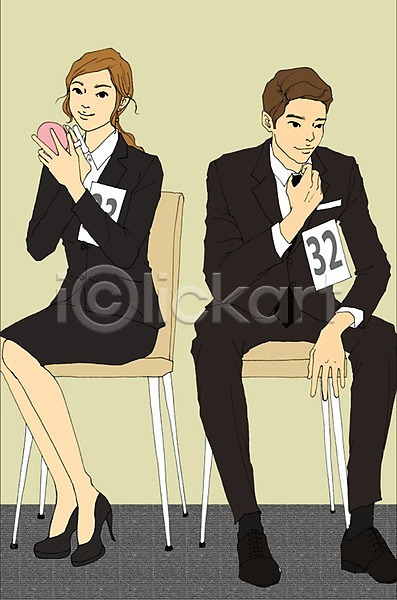 준비 남자 두명 사람 성인 여자 PSD 일러스트 기다림 대기 만화 면접 비즈니스 실내 아트툰 앉기 의자 전신 정장