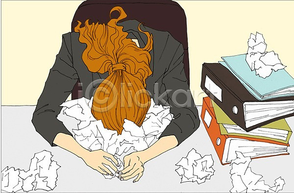 스트레스 사람 성인 여자 한명 PSD 일러스트 만화 문서 비즈니스 비즈니스우먼 실내 아트툰 의자 종이 책상 파일
