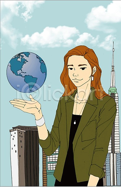 사람 성인 여자 한명 PSD 일러스트 구름(자연) 글로벌 도시 만화 비즈니스 비즈니스우먼 빌딩 아트툰 지구 하늘