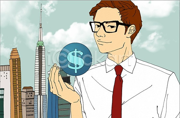 남자 사람 성인 한명 PSD 일러스트 경제 구름(자연) 달러 도시 만화 비즈니스 비즈니스맨 빌딩 아트툰 하늘