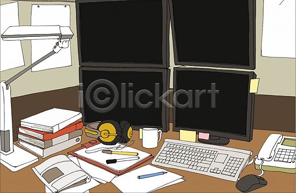 사람없음 PSD 일러스트 공간 마우스 만화 모니터 문서 사무실 스탠드 실내 아트툰 종이 책상 컵 키보드 통화 펜 헤드폰
