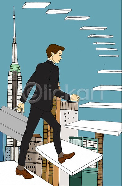 남자 사람 성인 한명 PSD 일러스트 계단 도시 만화 비즈니스 비즈니스맨 빌딩 서류가방 아트툰 하늘