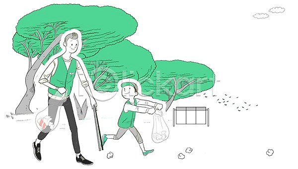 환경보전 남자 남자만 두명 사람 성인 어린이 PSD 일러스트 공원 나무 백그라운드 봉투 부자(아빠와아들) 식물 쓰레기 자연 자연보호 집게 환경